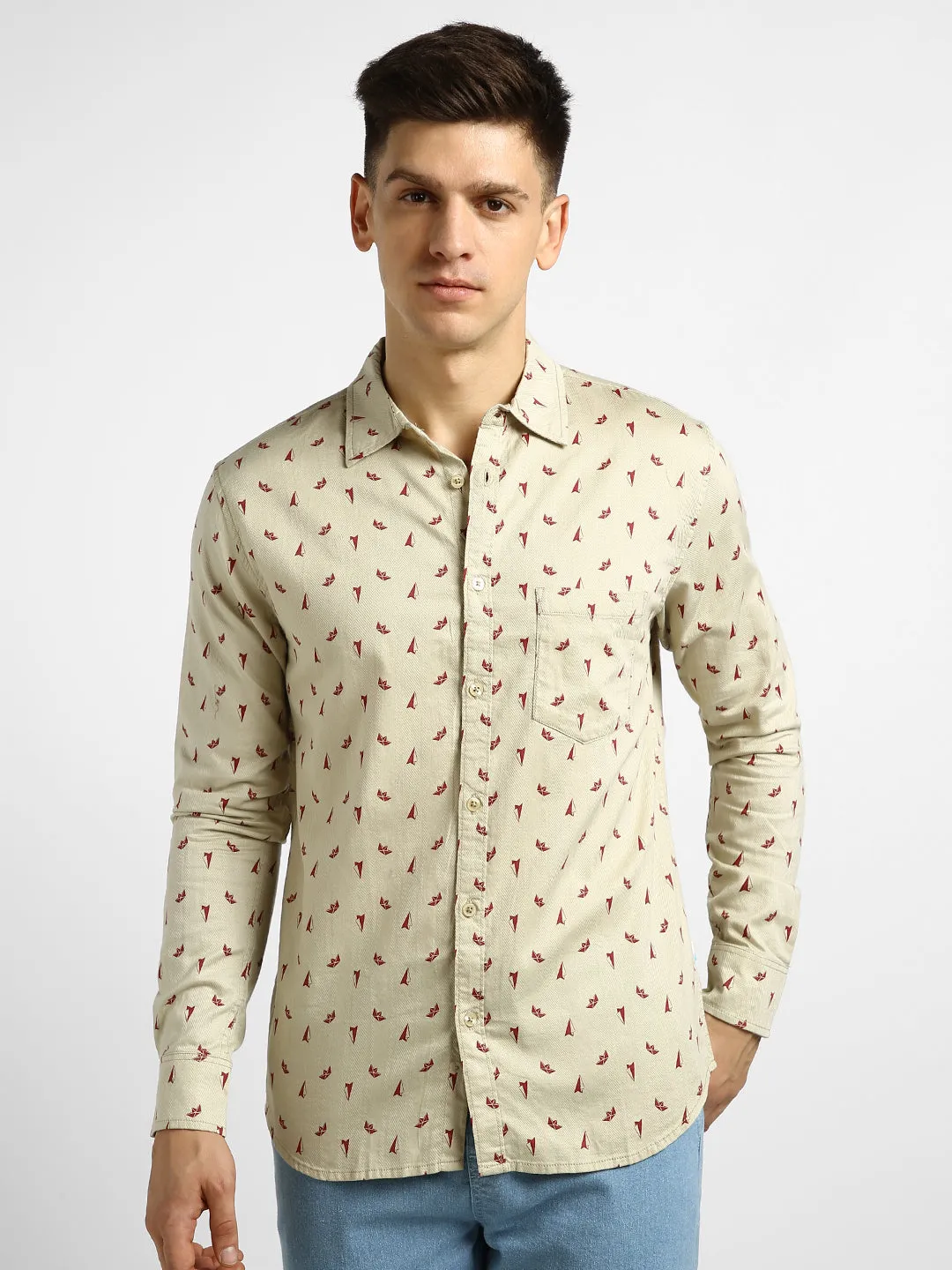 Men's Pink Cotton Full Sleeve Slim Fit Casual Printed Shirt