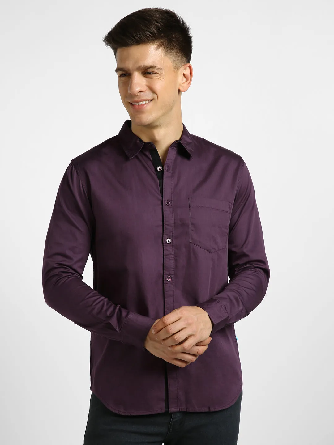 Men's Purple Cotton Full Sleeve Slim Fit Casual Solid Shirt