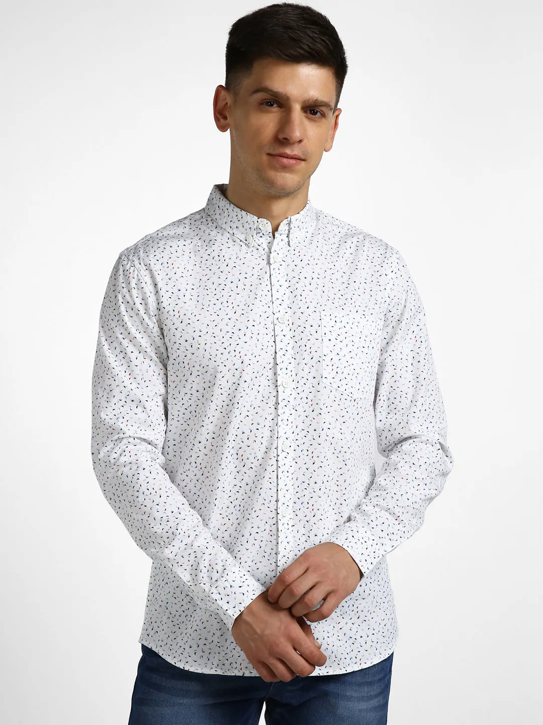 Men's White Cotton Full Sleeve Slim Fit Casual Printed Shirt