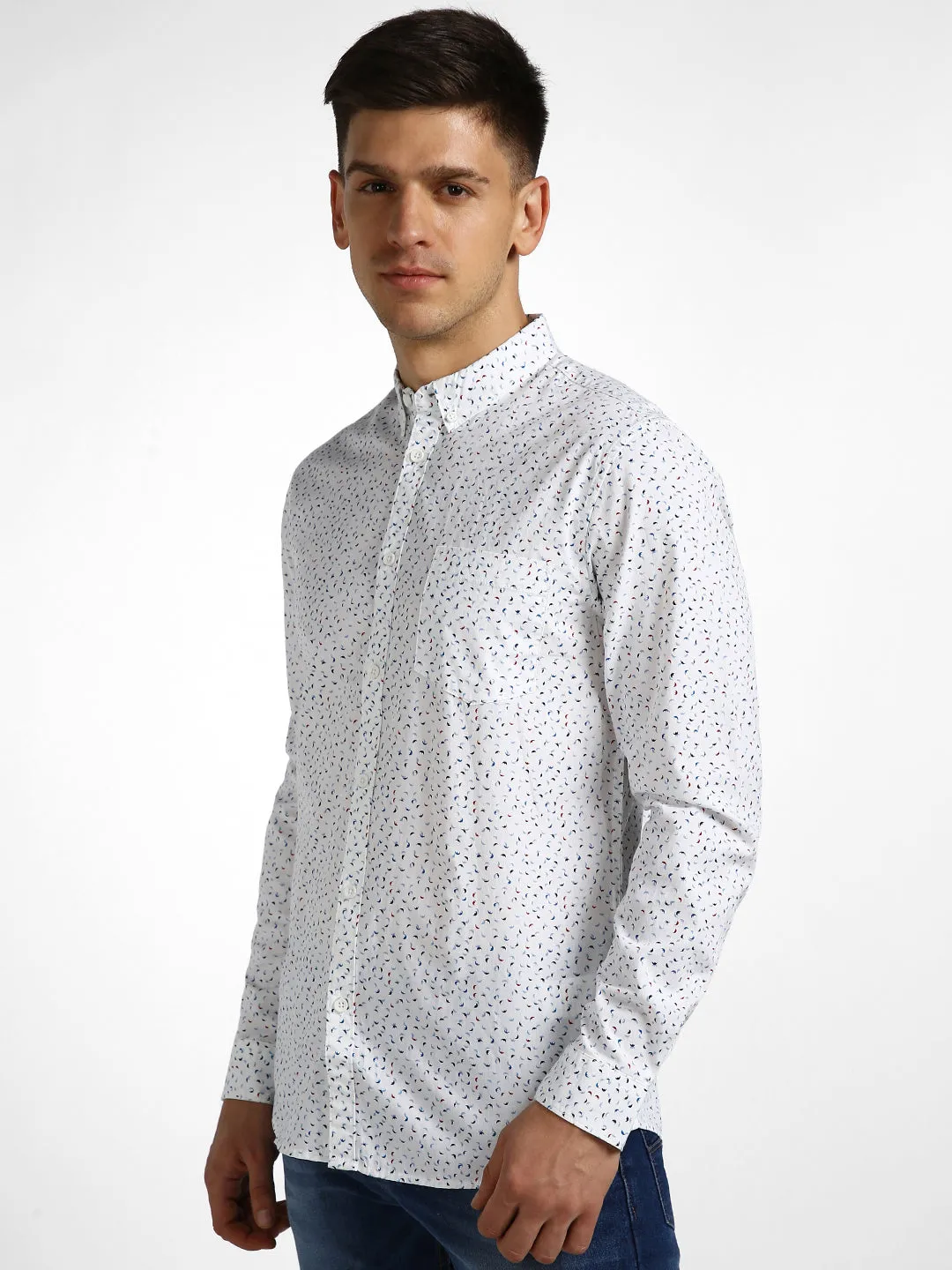 Men's White Cotton Full Sleeve Slim Fit Casual Printed Shirt