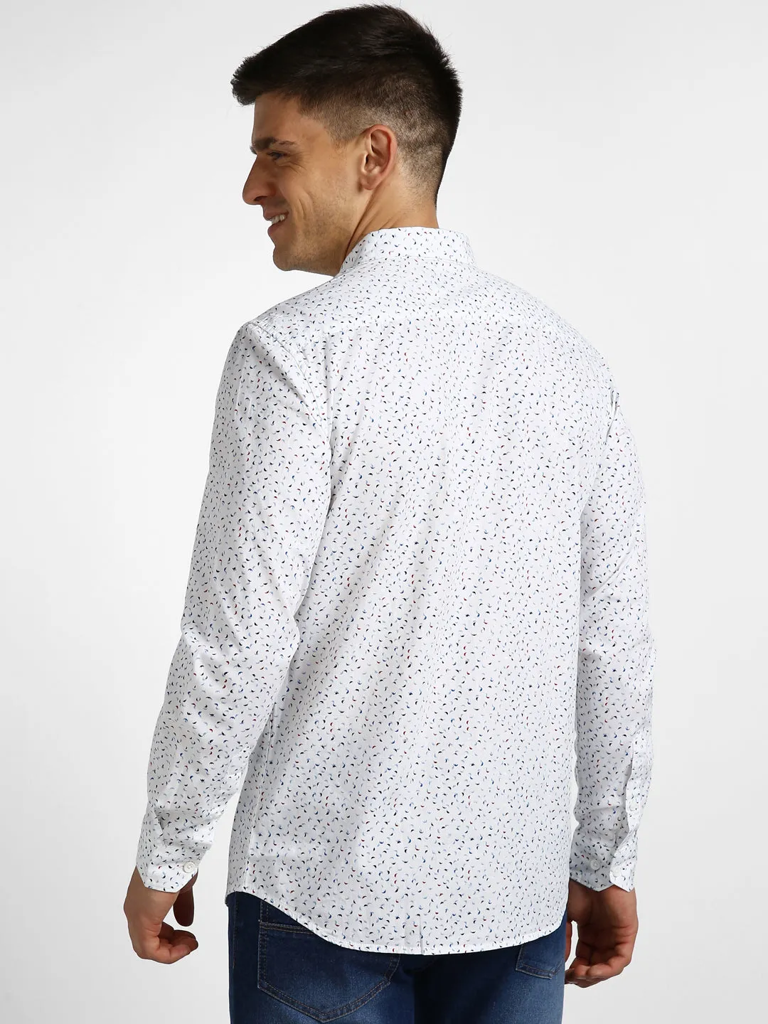 Men's White Cotton Full Sleeve Slim Fit Casual Printed Shirt