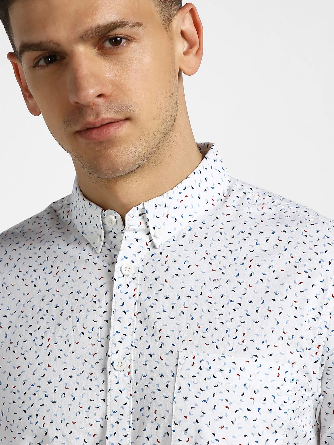 Men's White Cotton Full Sleeve Slim Fit Casual Printed Shirt