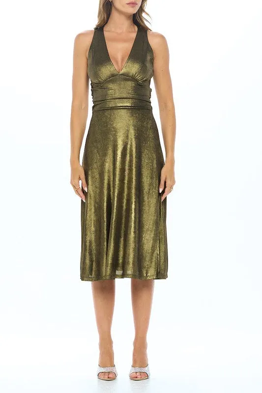 Metallic Solid Deep V Neck Lined Dress with Slit