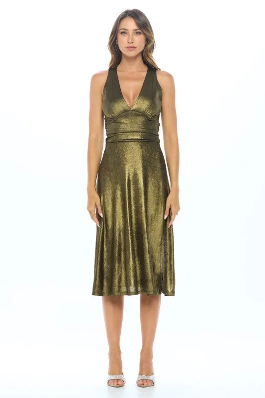 Metallic Solid Deep V Neck Lined Dress with Slit