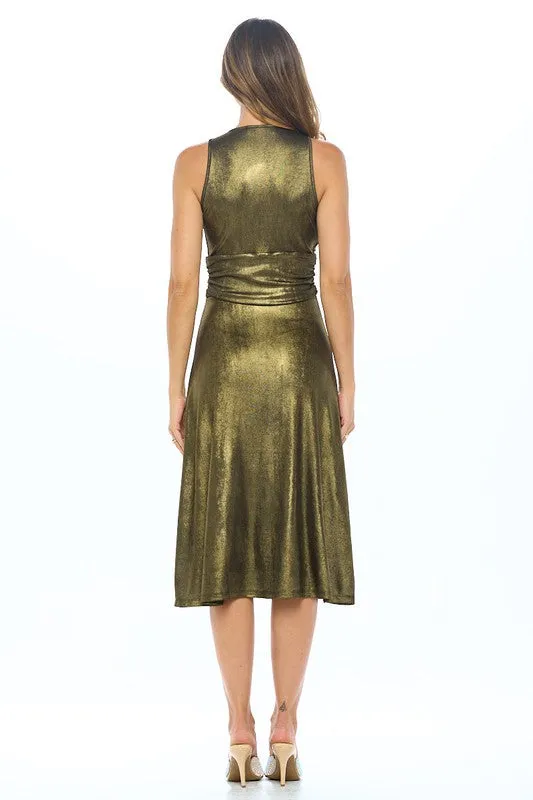 Metallic Solid Deep V Neck Lined Dress with Slit