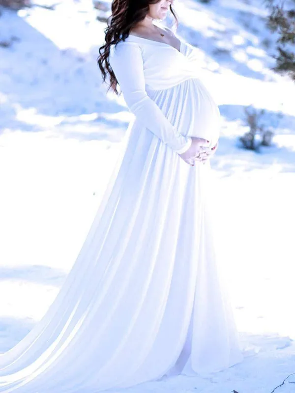 Momnfancy Off Shoulder Pleated Long Sleeve Babyshower Maternity Maxi Dress