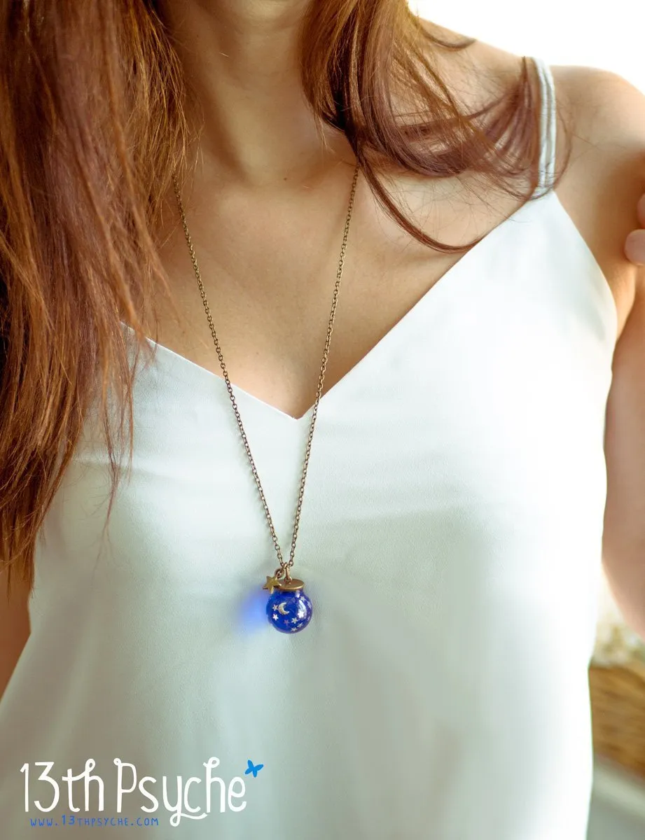 Moon and stars blue sphere necklace