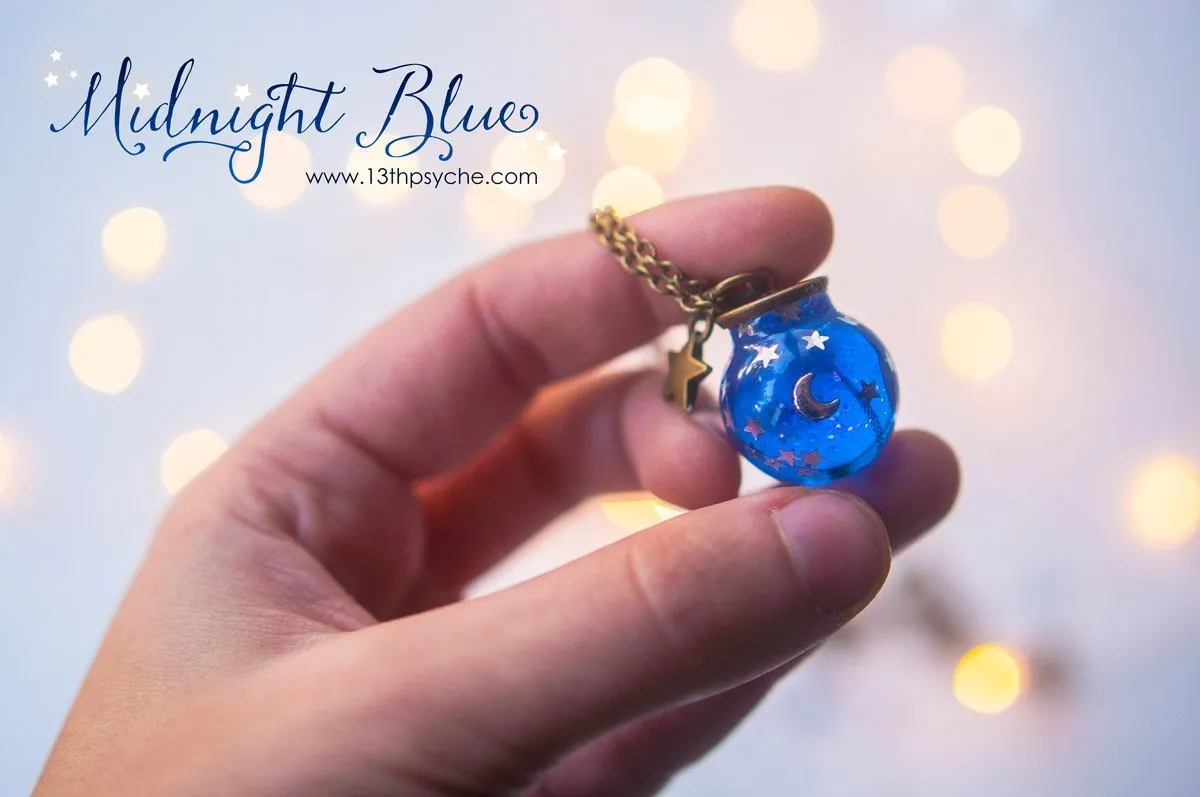 Moon and stars blue sphere necklace