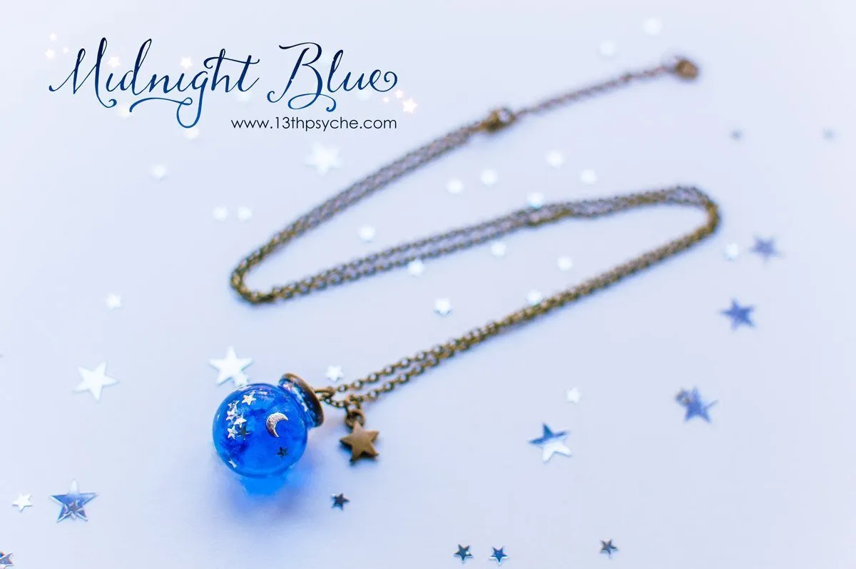 Moon and stars blue sphere necklace