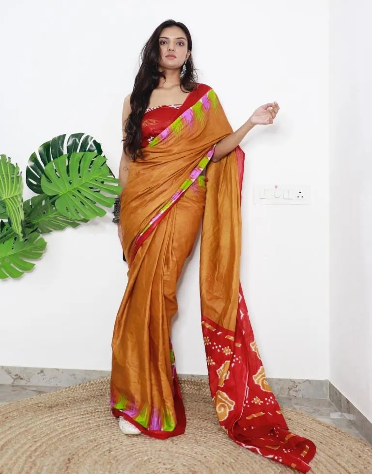 Mustard Yellow Printed Cotton Saree