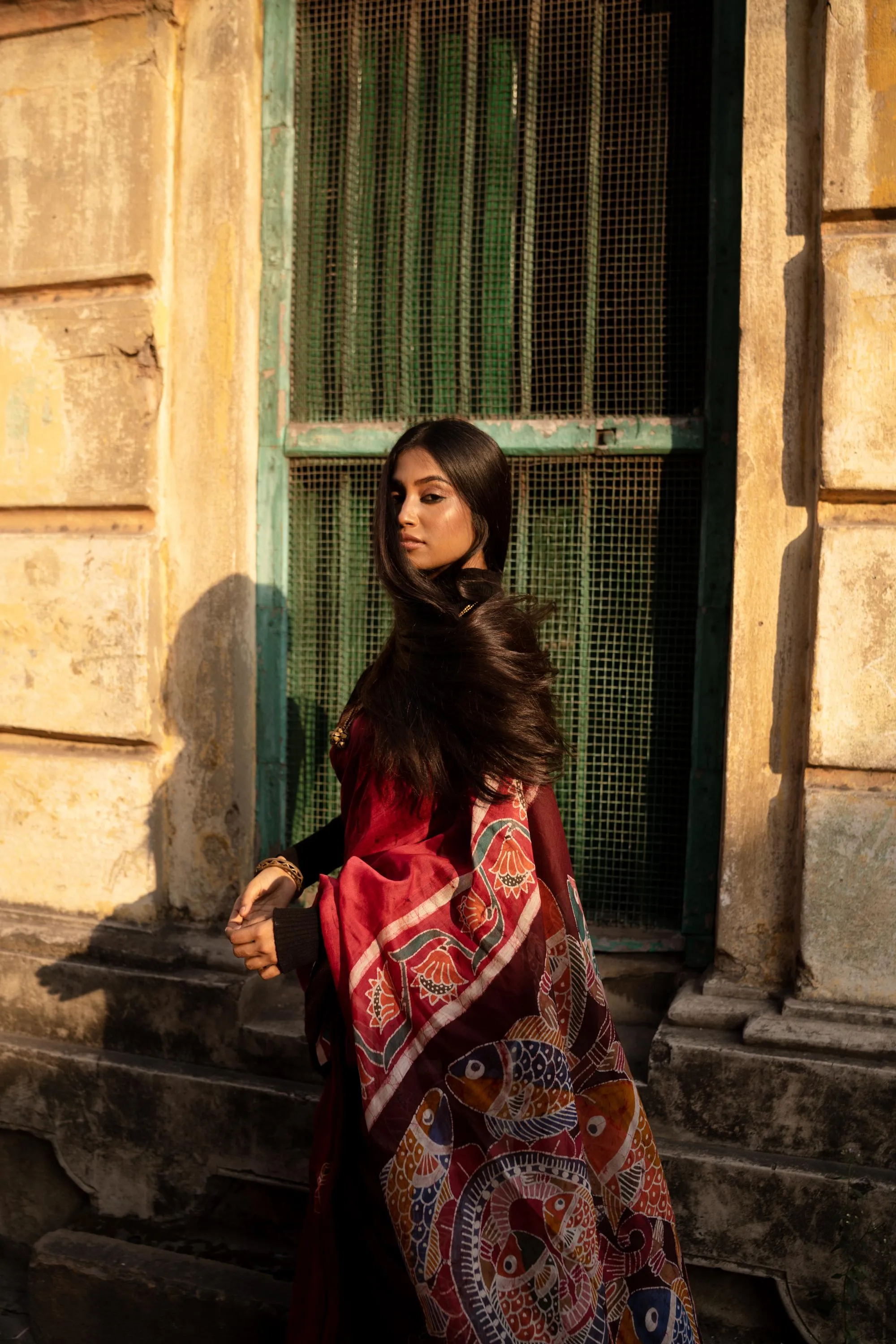 Narmada Manchali Batik Pattachitra Red Maheswari saree