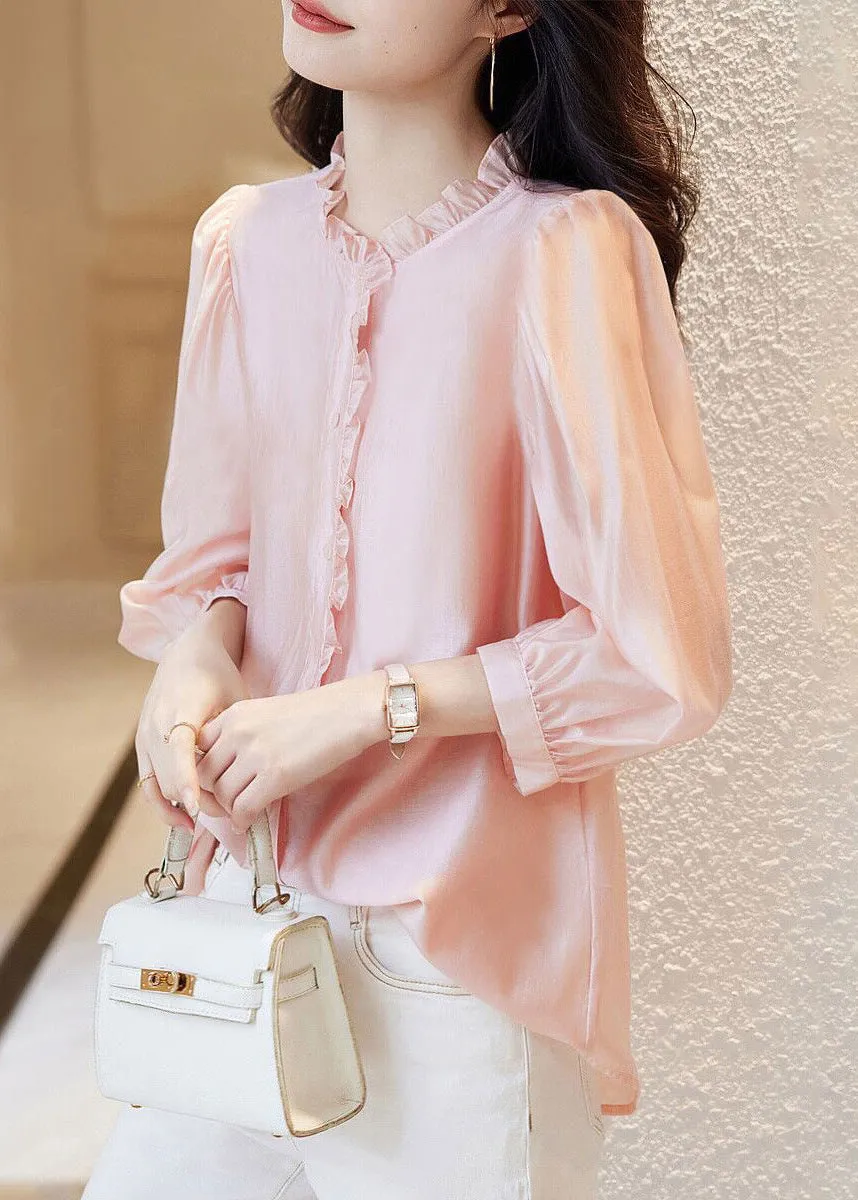 New Pink O-Neck Ruffled Button Chiffon Tops Spring AB1003