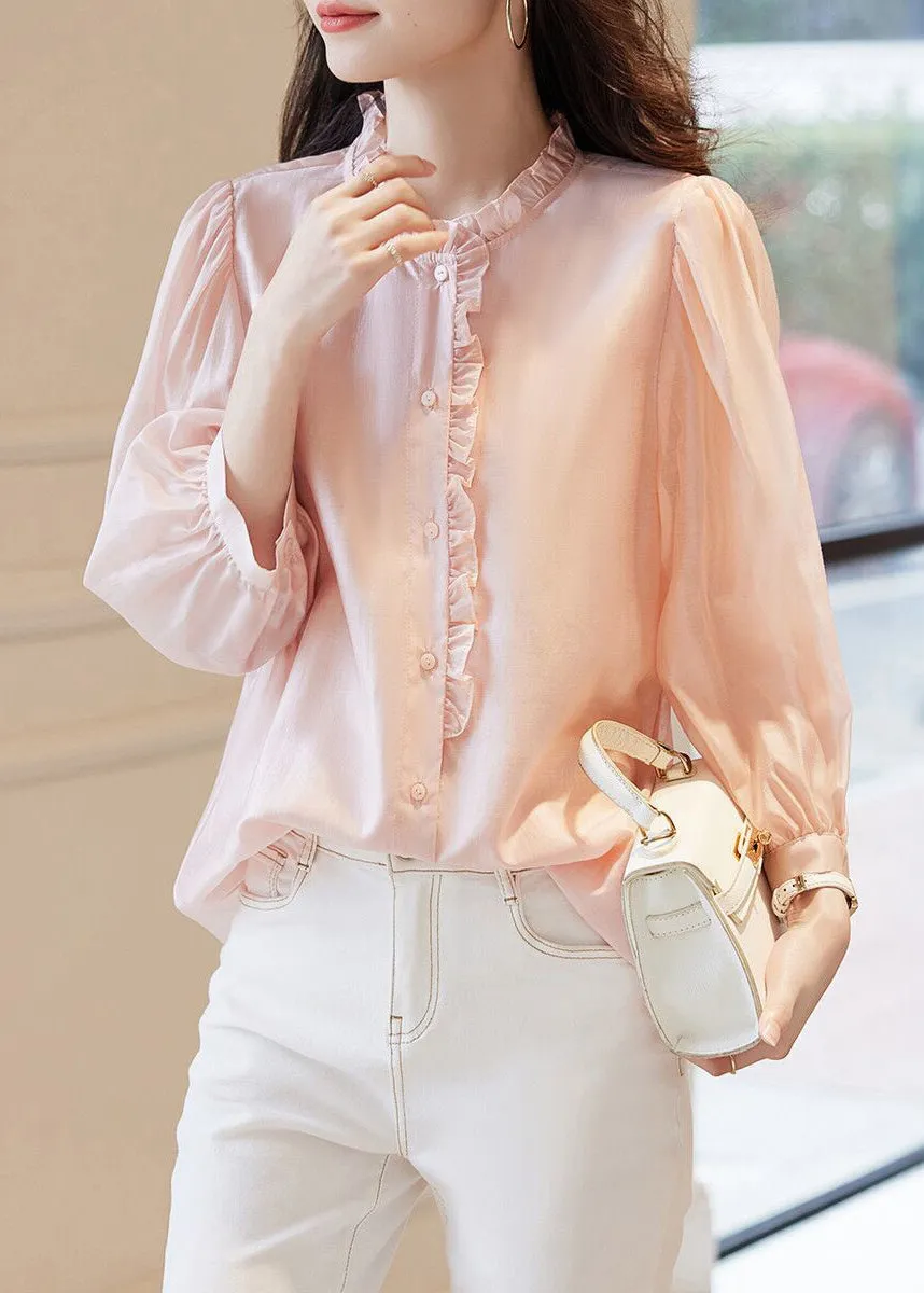 New Pink O-Neck Ruffled Button Chiffon Tops Spring AB1003