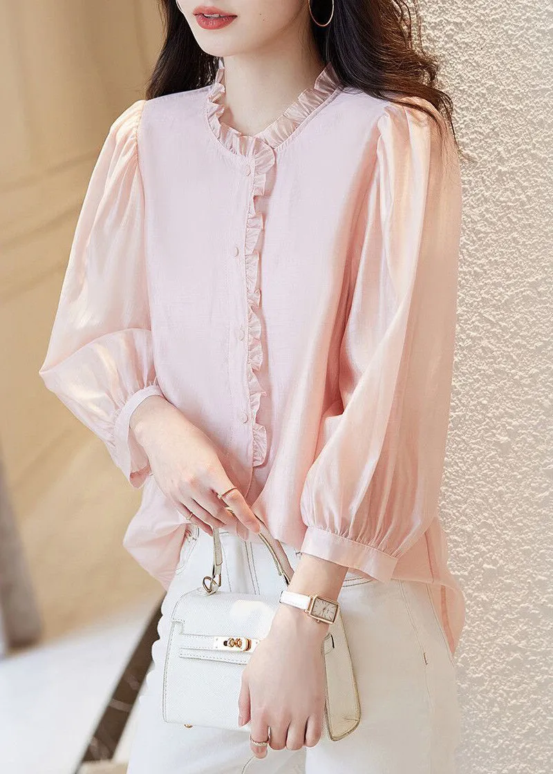 New Pink O-Neck Ruffled Button Chiffon Tops Spring AB1003