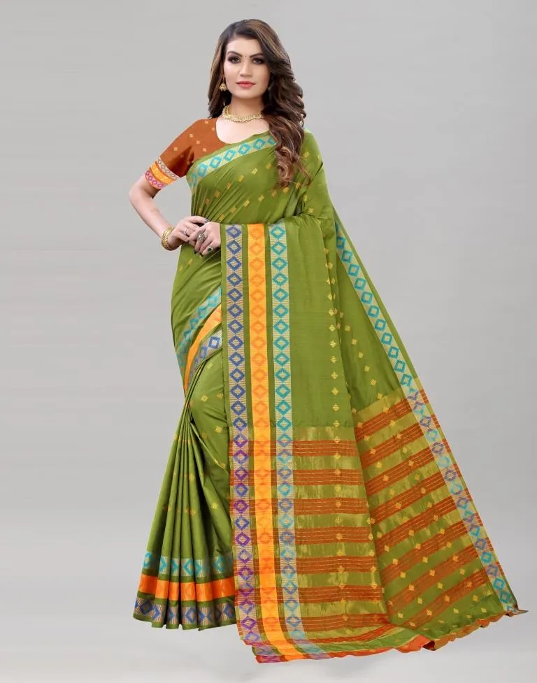 Olive Green Cotton Saree