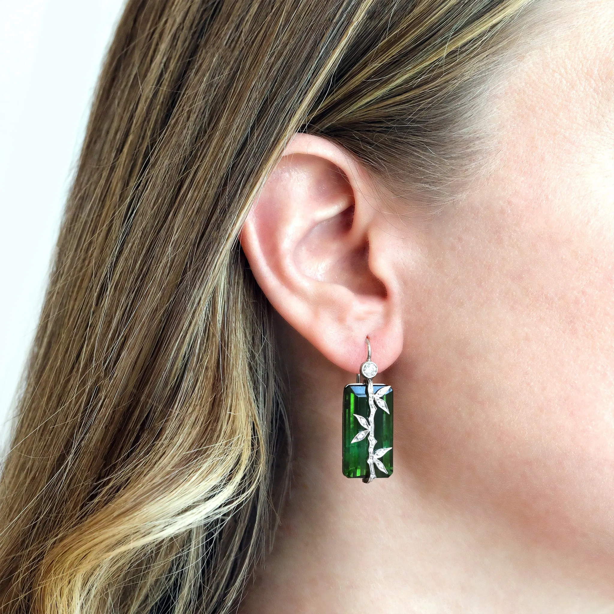 Platinum and Green Tourmaline Earrings with Diamond Bamboo Overlay