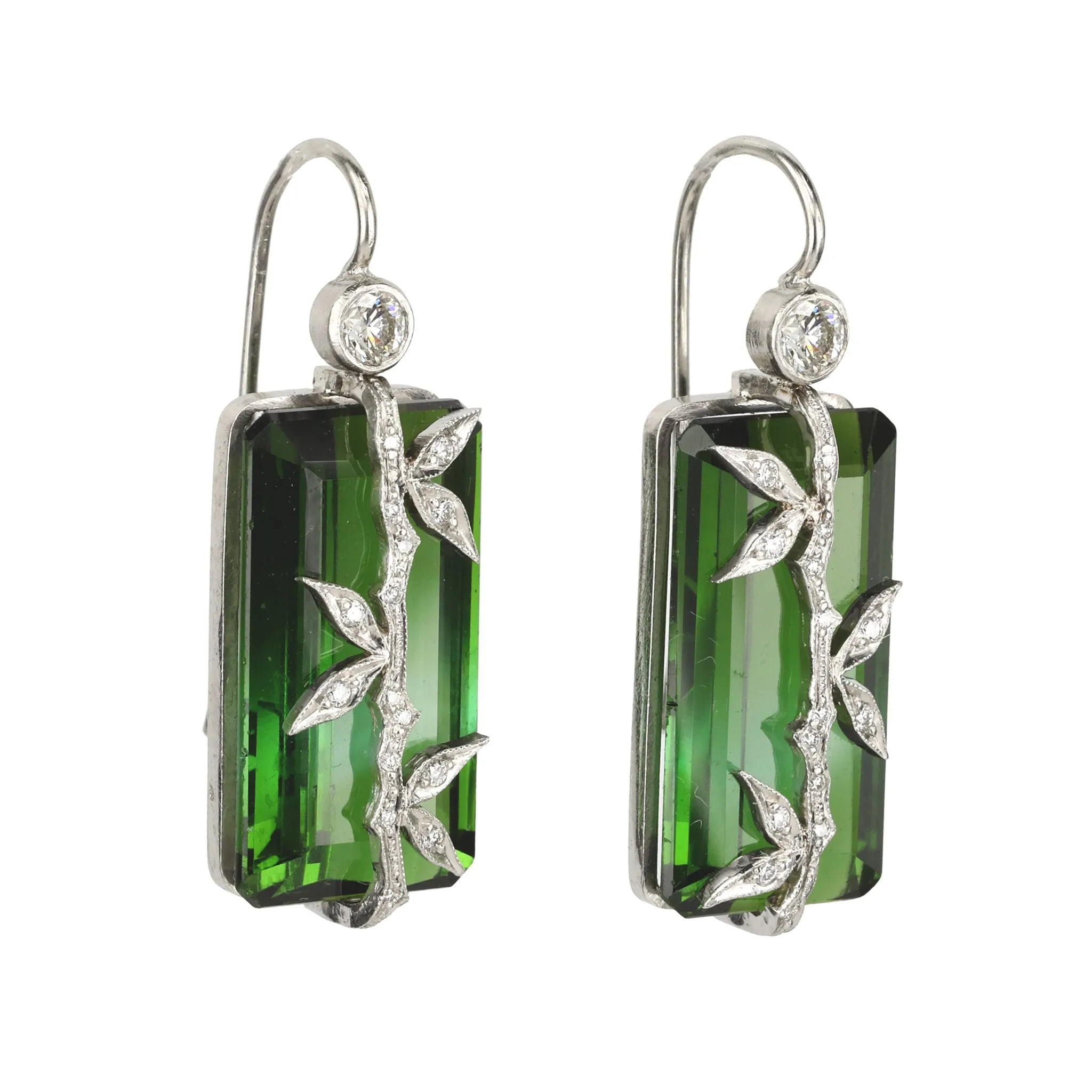 Platinum and Green Tourmaline Earrings with Diamond Bamboo Overlay