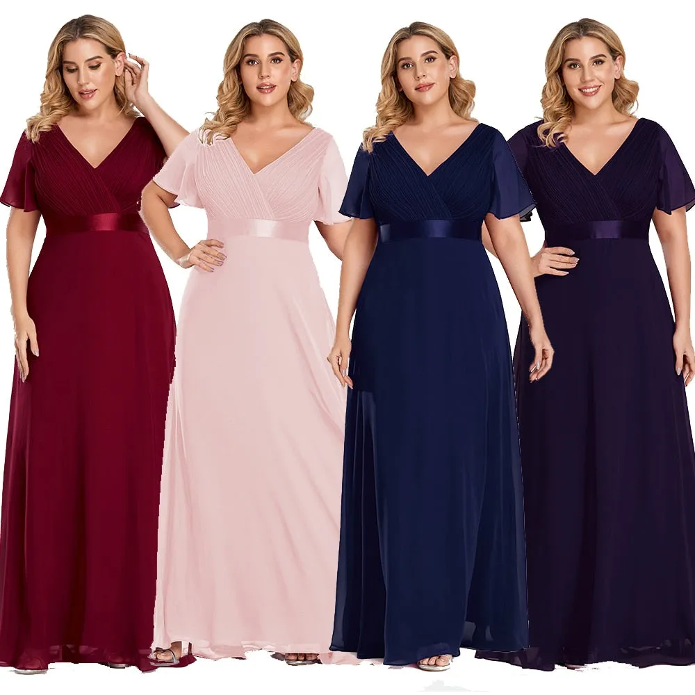 Plus Size Evening Dresses Long Elegant A Line V Neck Ruffles Chiffon Formal Wedding Party Dress