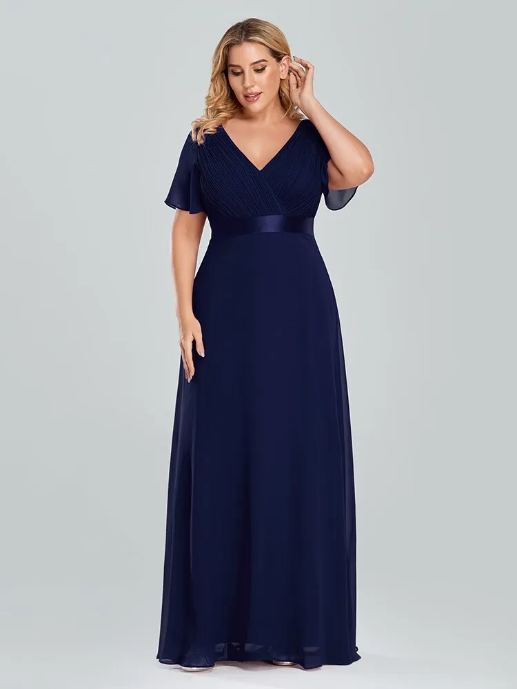 Plus Size Evening Dresses Long Elegant A Line V Neck Ruffles Chiffon Formal Wedding Party Dress