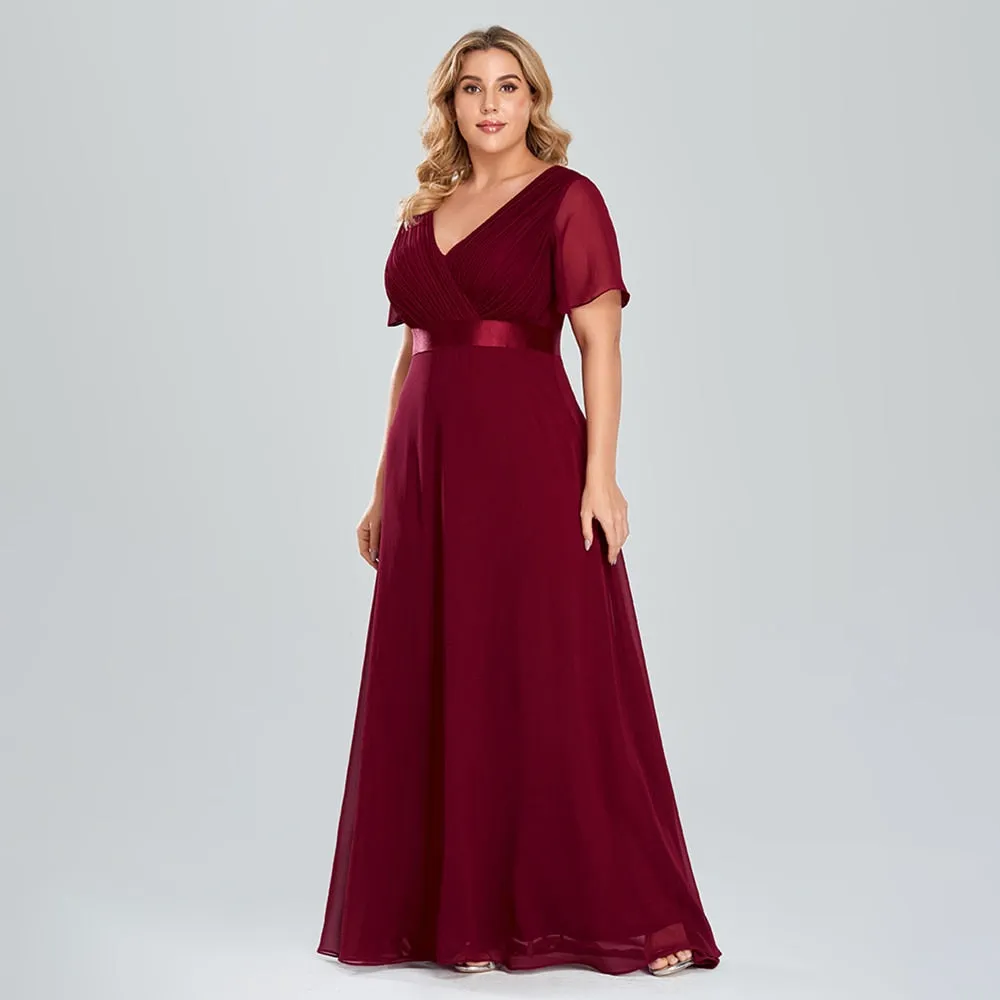 Plus Size Evening Dresses Long Elegant A Line V Neck Ruffles Chiffon Formal Wedding Party Dress