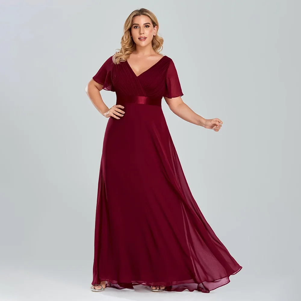 Plus Size Evening Dresses Long Elegant A Line V Neck Ruffles Chiffon Formal Wedding Party Dress