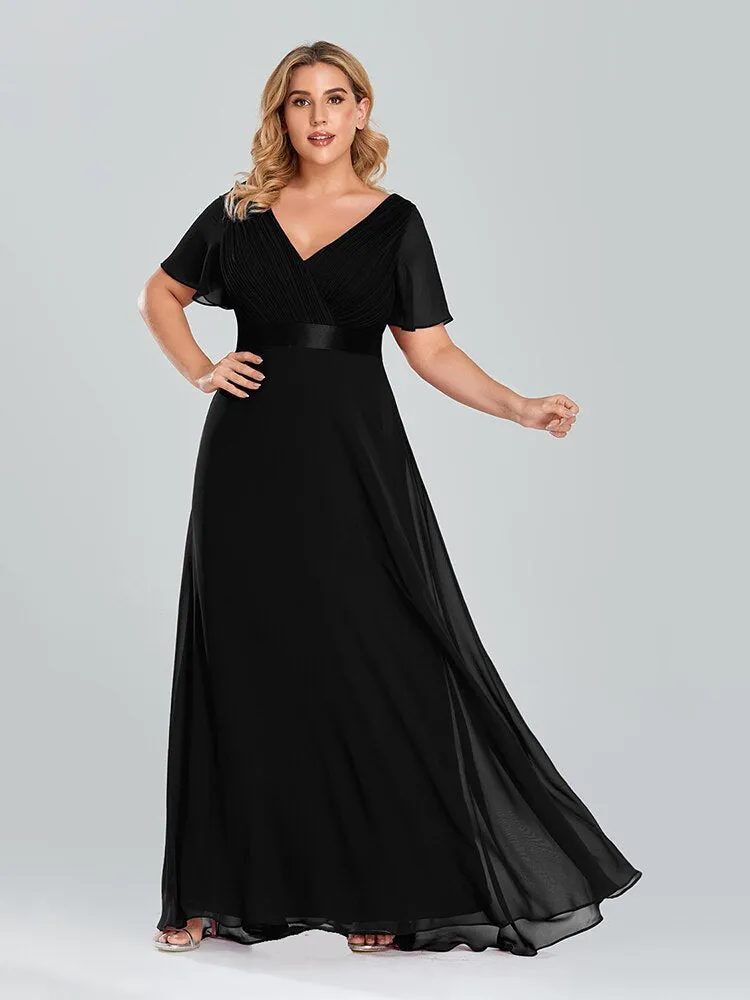 Plus Size Evening Dresses Long Elegant A Line V Neck Ruffles Chiffon Formal Wedding Party Dress