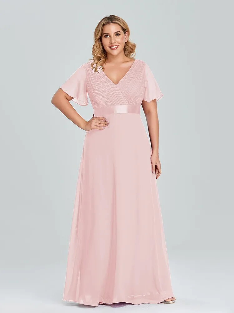 Plus Size Evening Dresses Long Elegant A Line V Neck Ruffles Chiffon Formal Wedding Party Dress