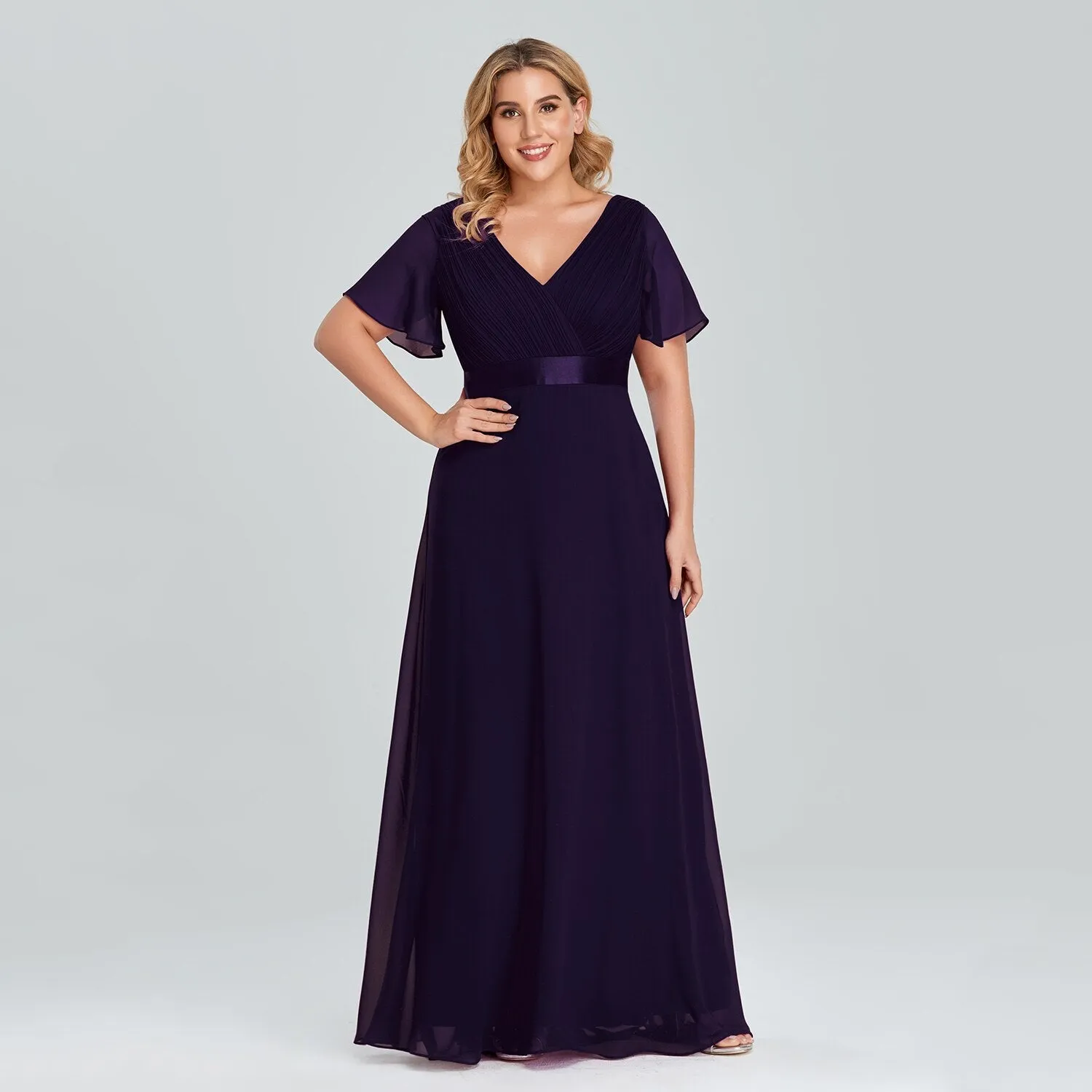 Plus Size Evening Dresses Long Elegant A Line V Neck Ruffles Chiffon Formal Wedding Party Dress