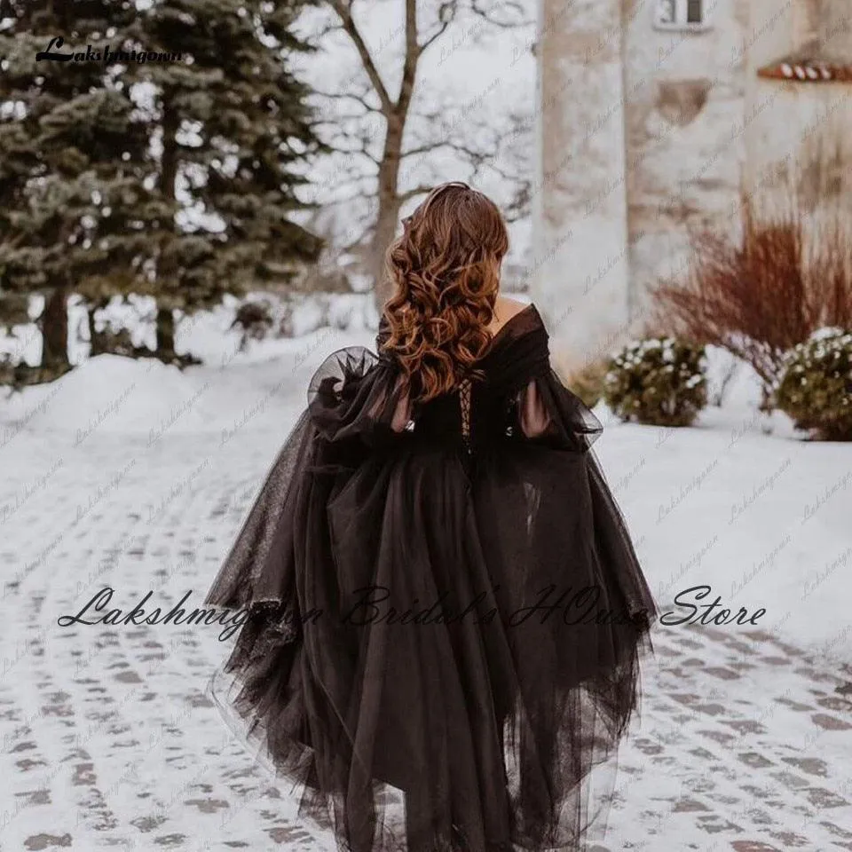 Puffy Long Sleeve Beaded Gothic Bridal Dress