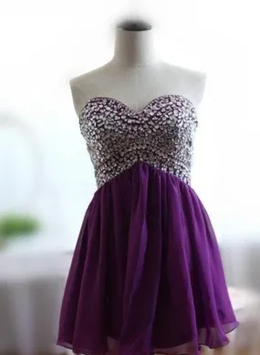 Purple Chiffon Sweetheart Beaded Short Formal Dress, Homecoming Dresses