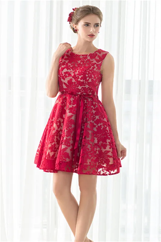 Red A-line Sleeveless Short Lace Homecoming Dresses