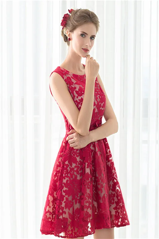 Red A-line Sleeveless Short Lace Homecoming Dresses