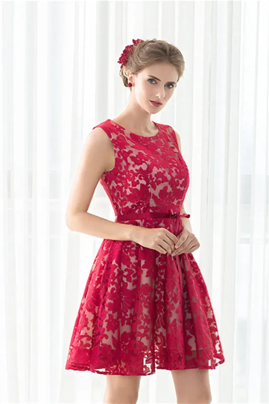 Red A-line Sleeveless Short Lace Homecoming Dresses