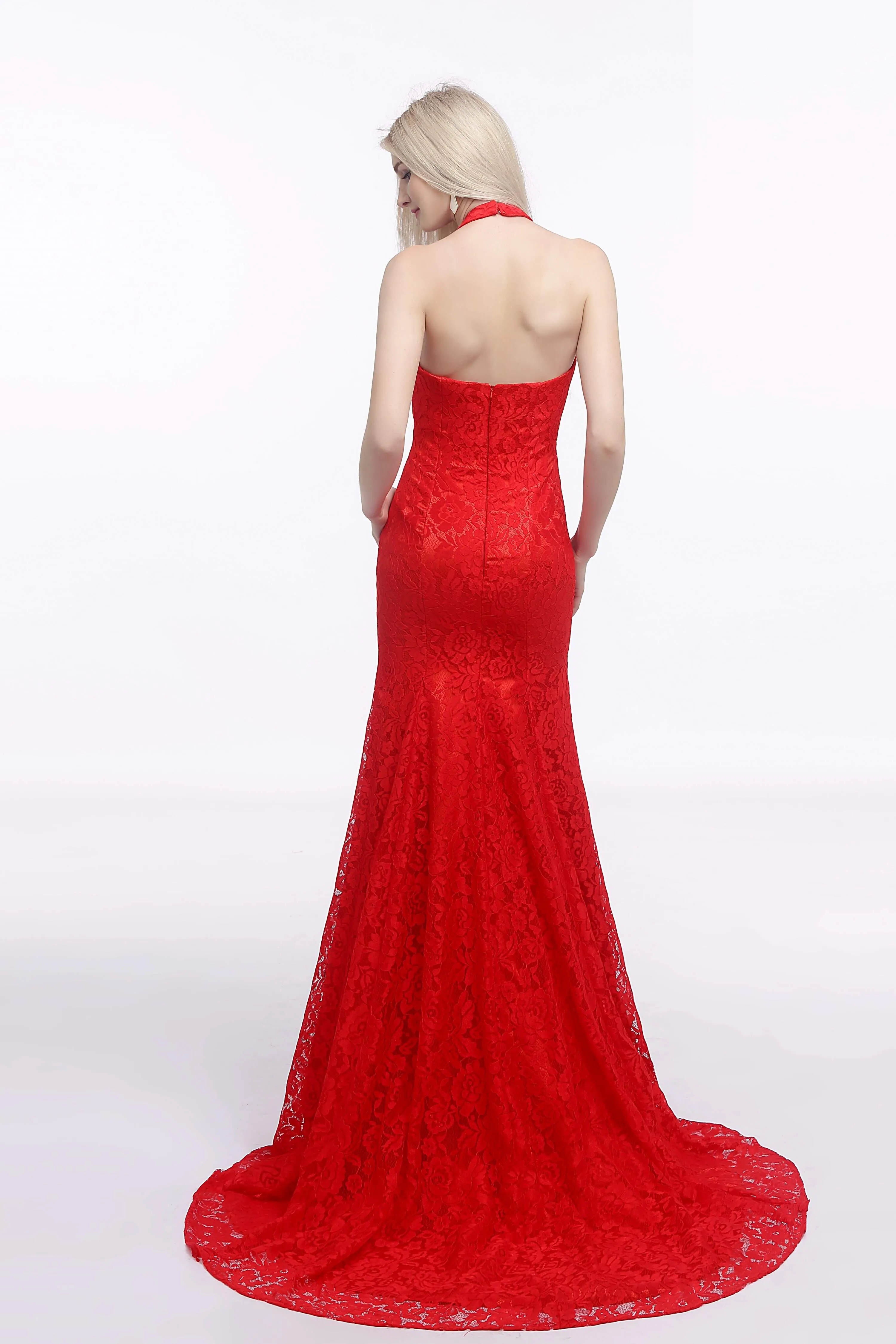 Red Lace Mermaid Halter Backless Long Prom Dresses