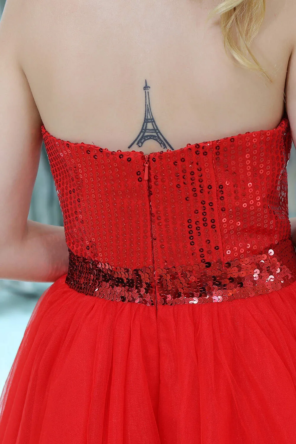 Red Sequined Tulle Strapless Homecoming Dresses