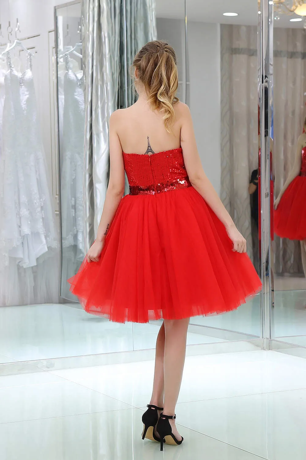 Red Sequined Tulle Strapless Homecoming Dresses