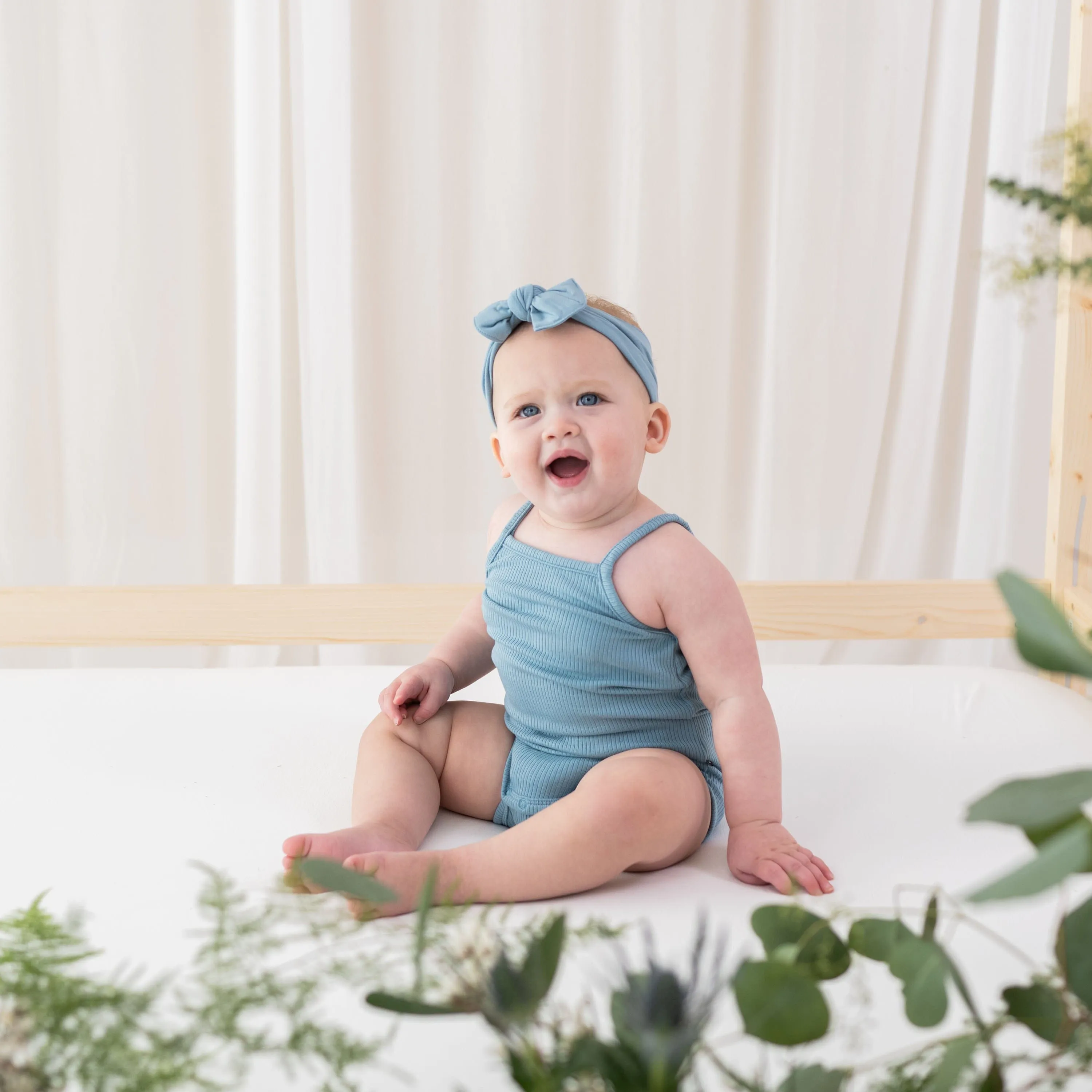 Ribbed Spaghetti Strap Bodysuit in Dusty Blue