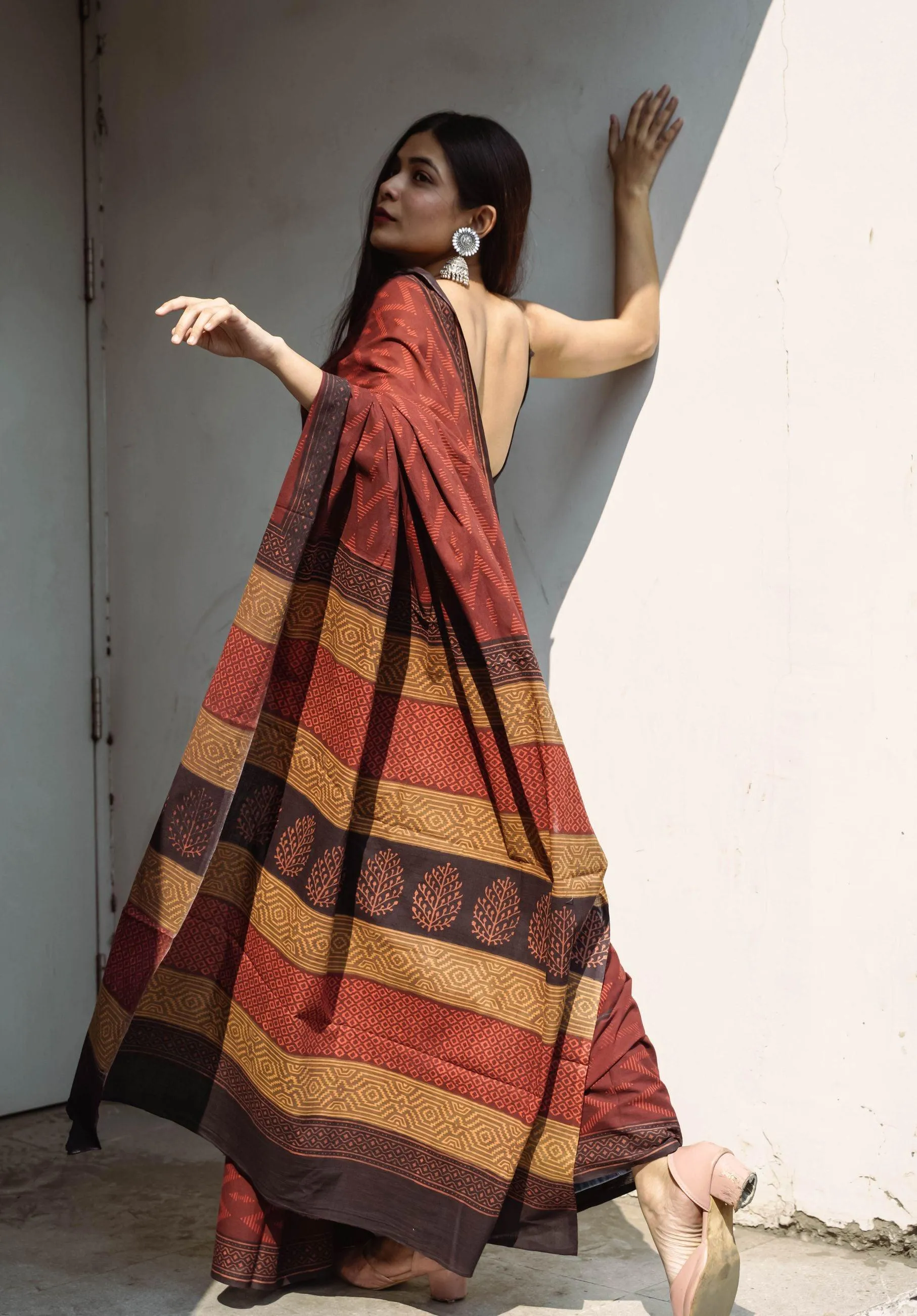 Roheda Chevron natural dyed handblock printed Bagru saree