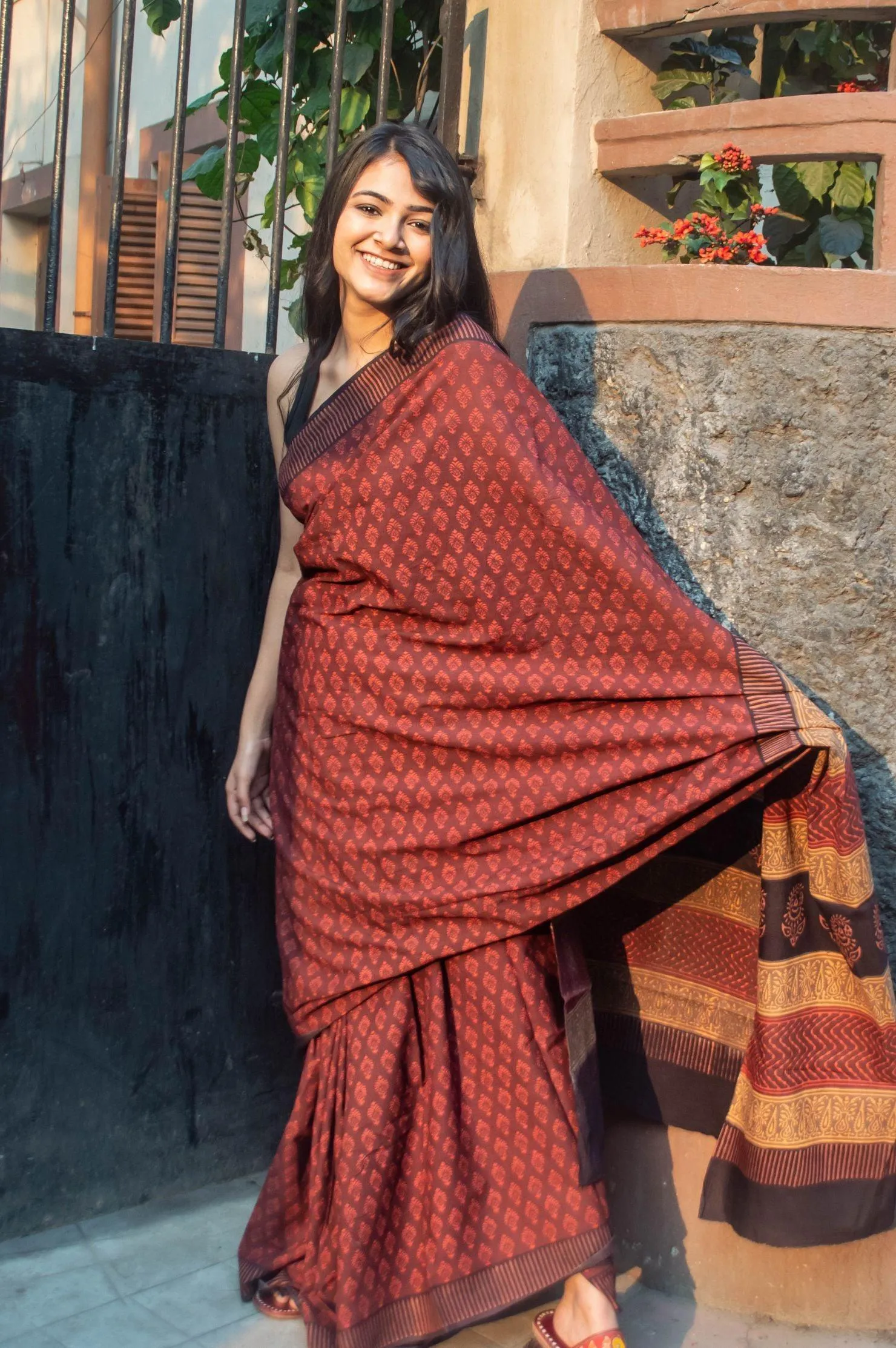 Roheda Gulab natural dyed handblock printed Bagru saree