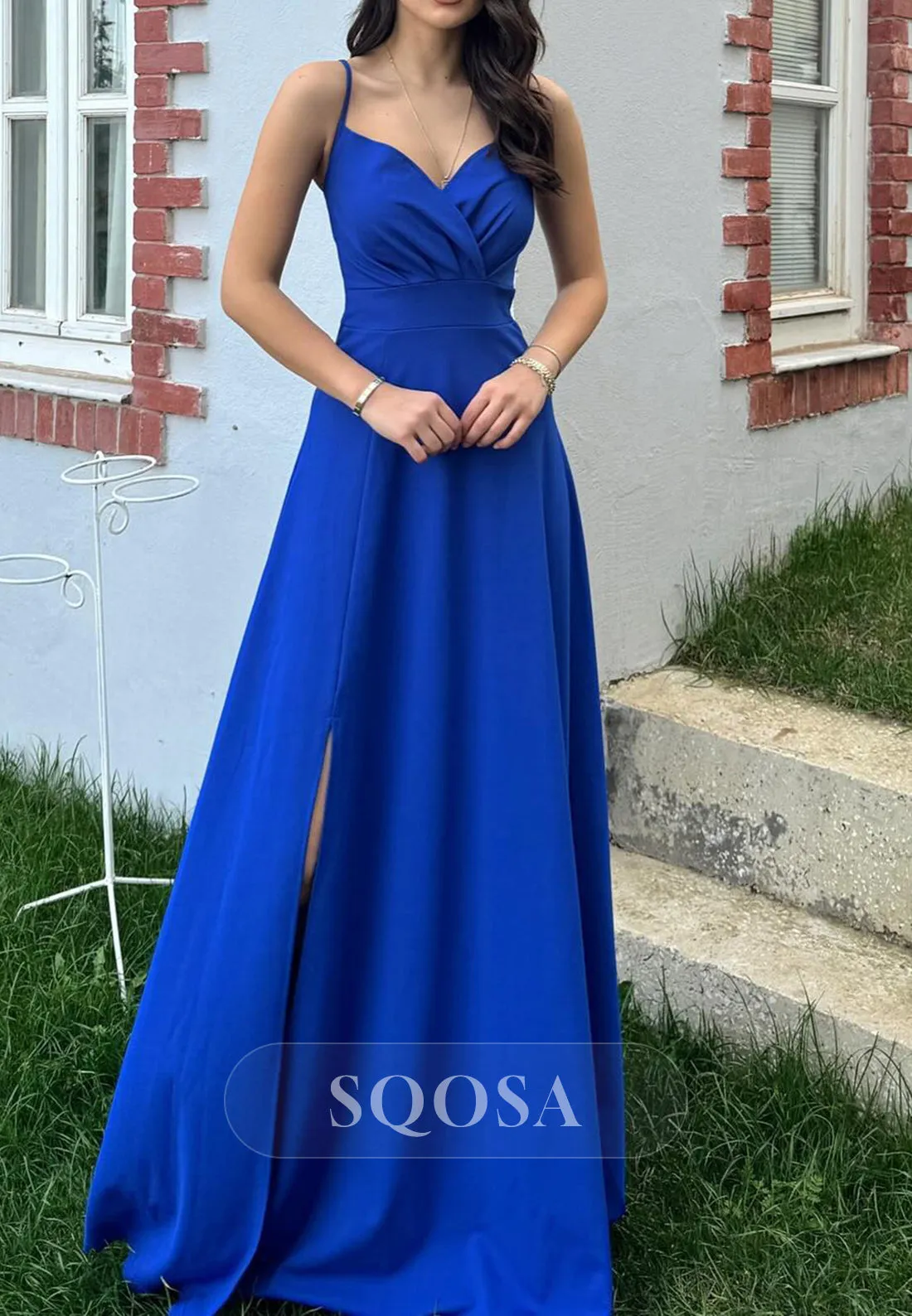 Satin A-Line V-Neck Spaghetti Straps With Side Slit Party Prom Evening Dress QP3546