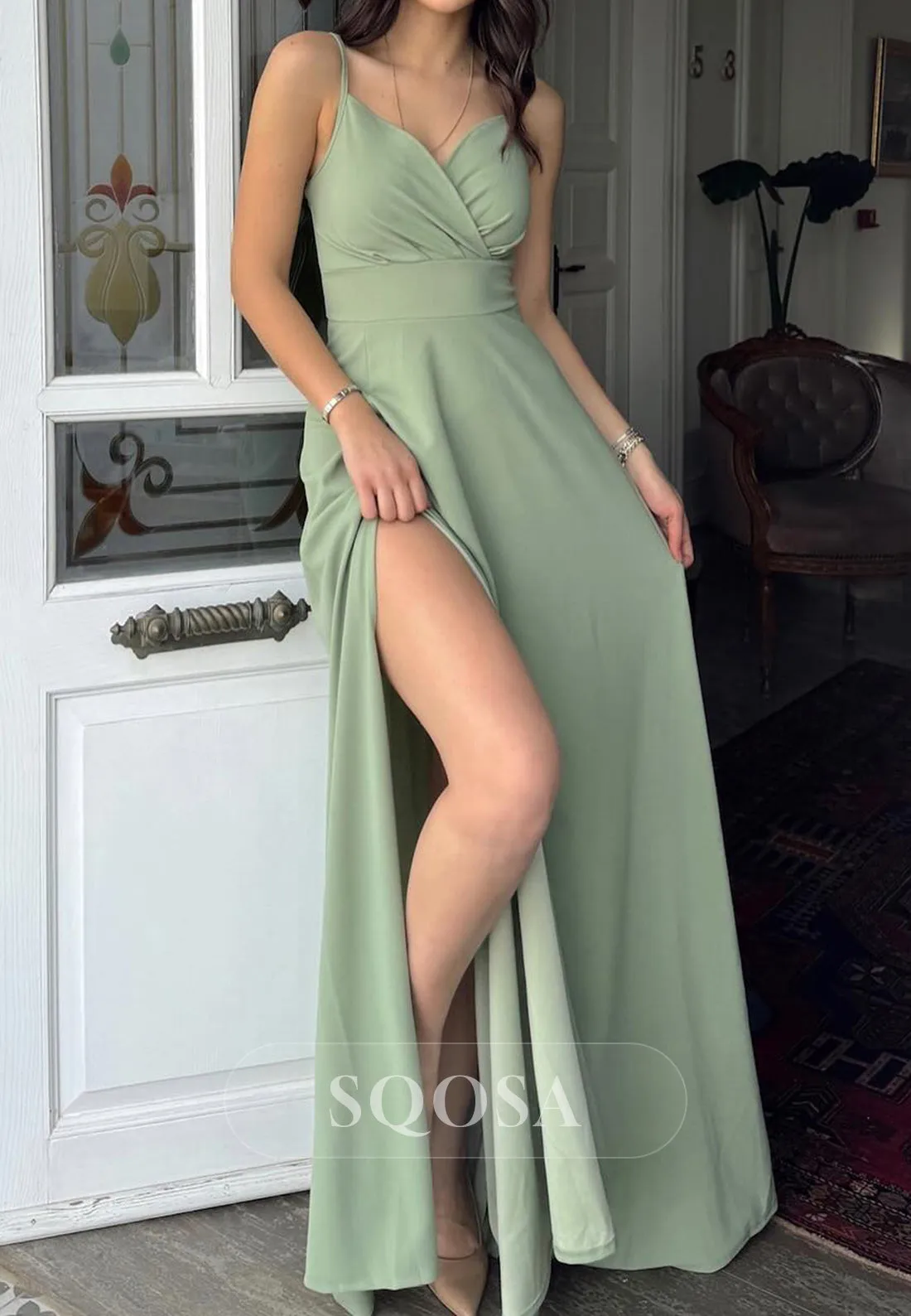 Satin A-Line V-Neck Spaghetti Straps With Side Slit Party Prom Evening Dress QP3546