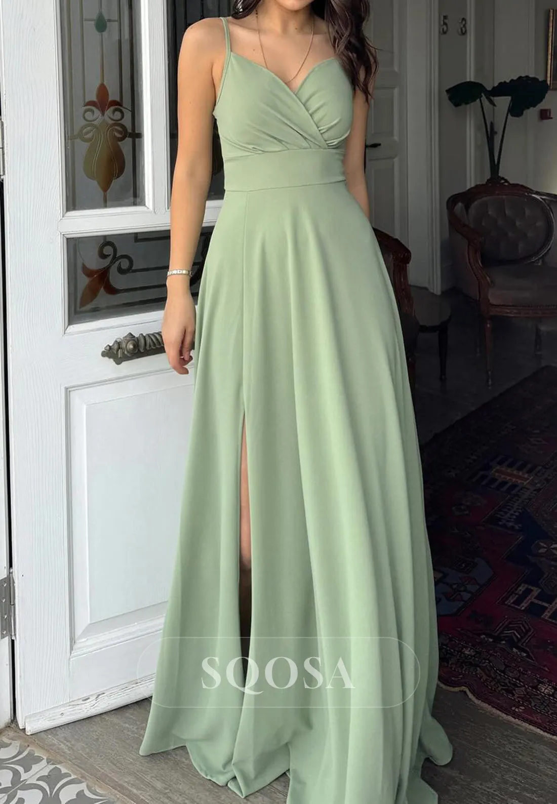 Satin A-Line V-Neck Spaghetti Straps With Side Slit Party Prom Evening Dress QP3546