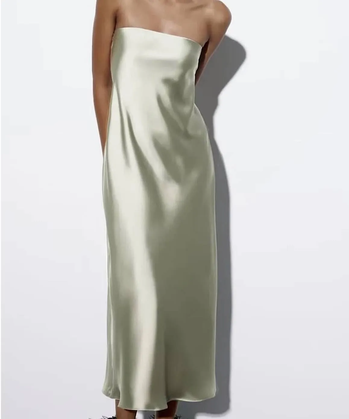 Satin Strapless Long Dress In Light Green