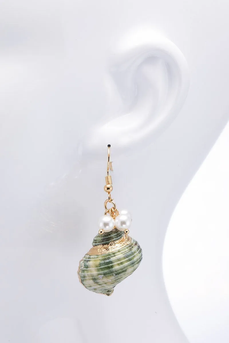 Sea Shell Pearl Beads Dangle Drop Fish Hook Earrings