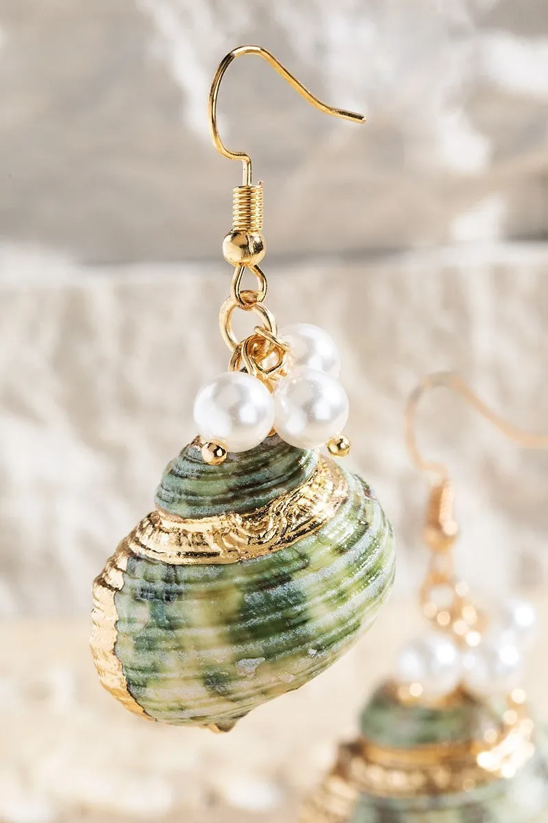 Sea Shell Pearl Beads Dangle Drop Fish Hook Earrings