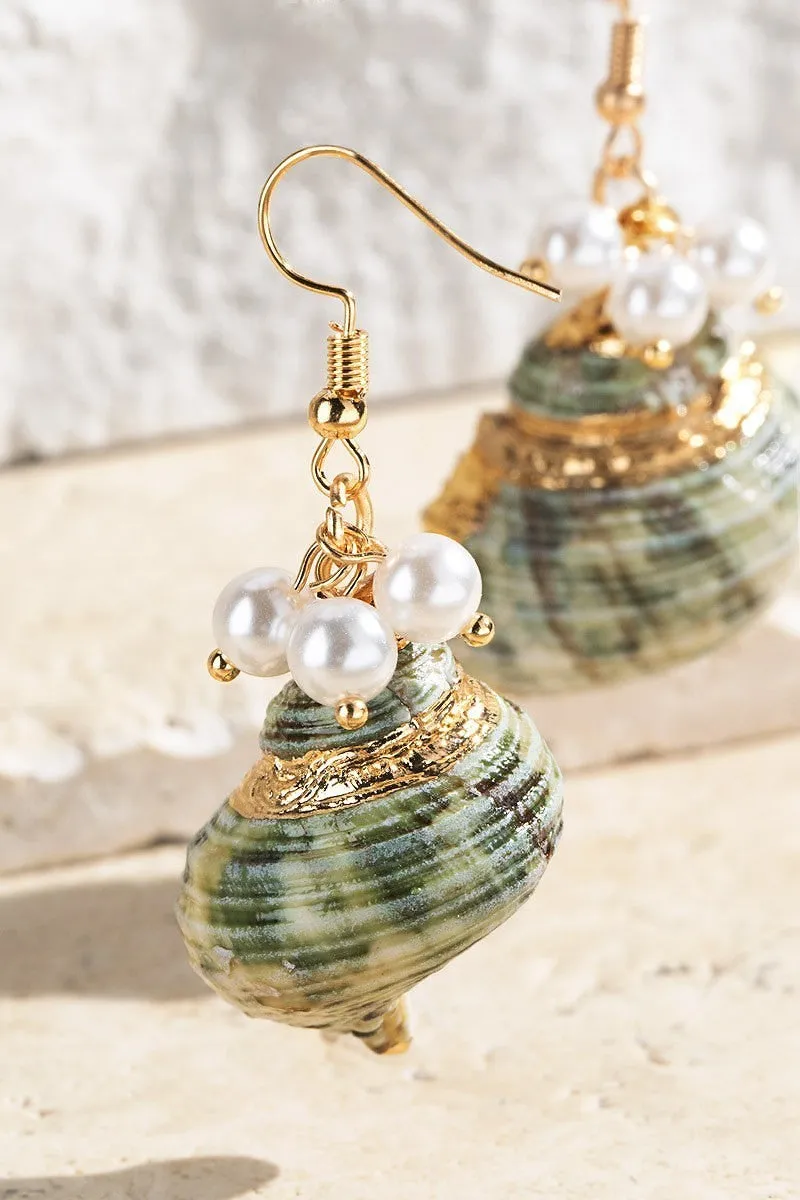 Sea Shell Pearl Beads Dangle Drop Fish Hook Earrings