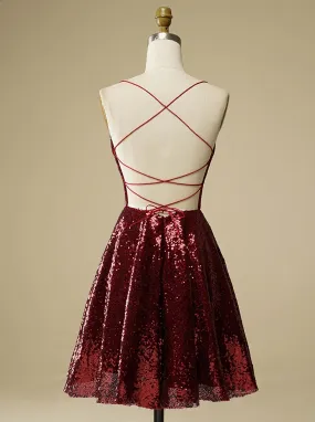 Sequin Criss-Cross Straps Burgundy Homecoming Dresses