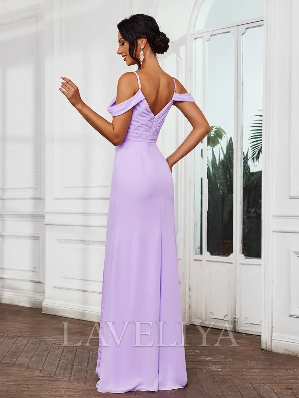 Sheath Cold Shoulder Pleated Floor-Length Chiffon Bridesmaid Dress  #ZB230517