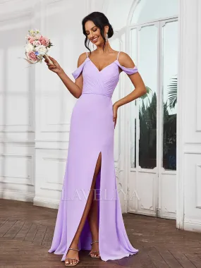 Sheath Cold Shoulder Pleated Floor-Length Chiffon Bridesmaid Dress  #ZB230517