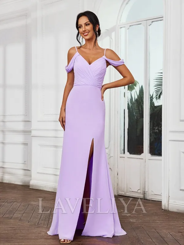 Sheath Cold Shoulder Pleated Floor-Length Chiffon Bridesmaid Dress  #ZB230517